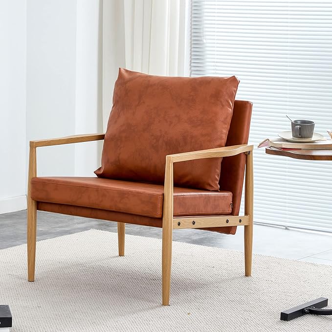 PU Leather Accent Arm Chair Mid Century Modern Upholstered Armchair with Imitation Solid Wood Color Metal Frame Extra-Thick Padded Backrest and Seat Cushion Sofa Chairs for Living Room