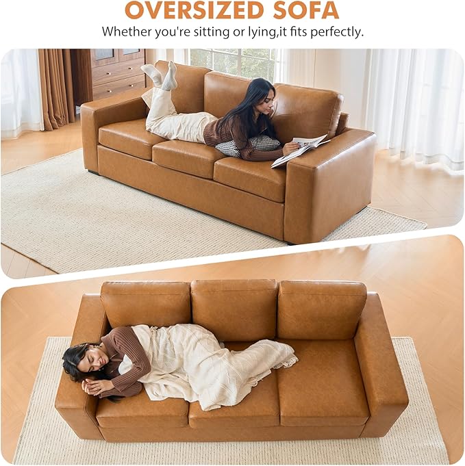 ELUCHANG 85 Luxury 3 Seater Sofa Couch for Living Room Modern Upholstered Faux Leather Sofas Couches with Extra Deep Seats&ampRemovable Cover Comfy Sofa Couch for Apartment Lounge Brown 2PCS