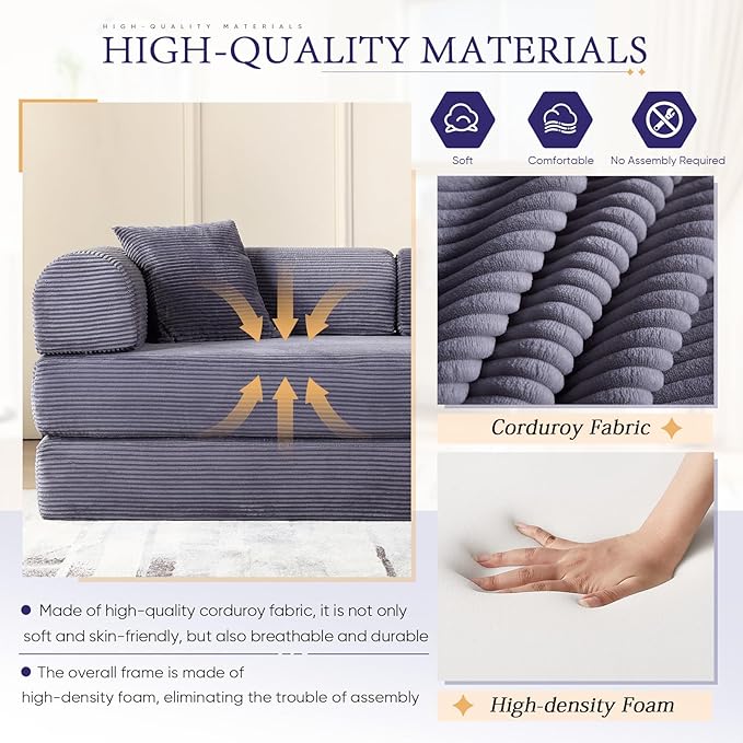 Convertible Folding Sofa Bed Corduroy Sleeper Mattress Couch with Fixed-Shape Frame Free Combination Loveseat Lounge Floor Sofa Queen Size Memory Foam Couch for Living Room Bedroom Ash Grey