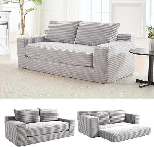 2-in-1 Loveseat Sofa with Pull-Out Bed 70.87 Sleeper Sofa with Comfy Cushions Corduroy Upholstered 2-Seater Cloud Sofa for Living Room Apartment and Small Spaces No Assembly (Light Grey)