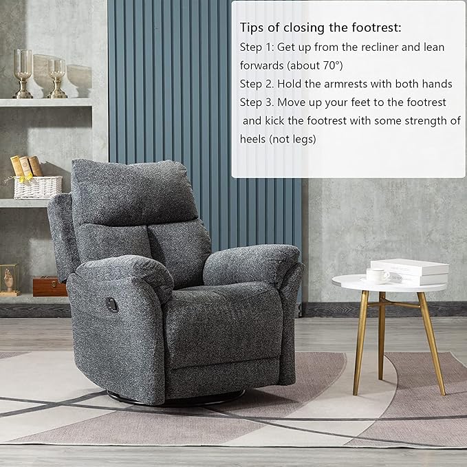 ANJ Swivel Rocker Recliner Chair Manual Fabric Glider Nursery Recliner Chair Single Rocking Modern Sofa Home Theater Seating for Living Room Nursery (Dark Gray)