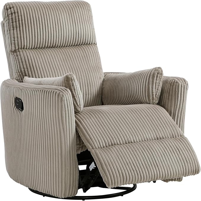 Lexicon Modern Swivel Glider Recliner Chair Nursery Glider Corduroy Fabric Upholstery Recliner with 2 Lumbar Pillows Manual Reclining Sofa Chair for Living Room/Office/Apartment Taupe
