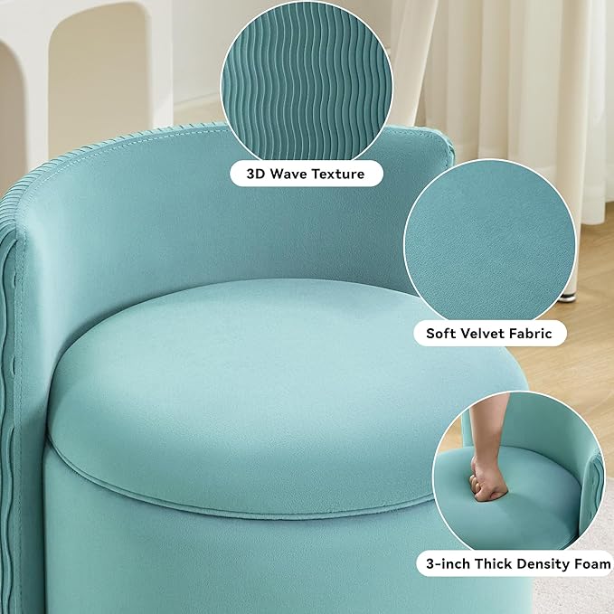 360° Swivel Velvet Vanity Chair with Storage Barrel Makeup Chair with Wave Back No Assembly Vanity Stool Small Accent Chair for Living Room Teal
