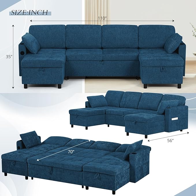 110 Sectional Pull Out Sofa Bed with Adjustable Backrests U-Shaped Sleeper Sofa with USB Ports Upholstered Reversible Couch with Cup Holder &amp Storage Space for Living Room House Blue