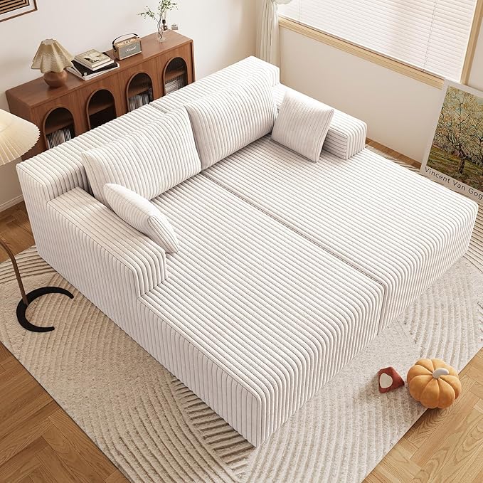 71Oversized Chaise Lounge ChairSectional Double Lounge Chaise with Pillows Upholstered Corduroy Boneless Lounge Chair Fluffy Modern Loveseat Sleeper Sofa for Living Room or Bedroom(White)