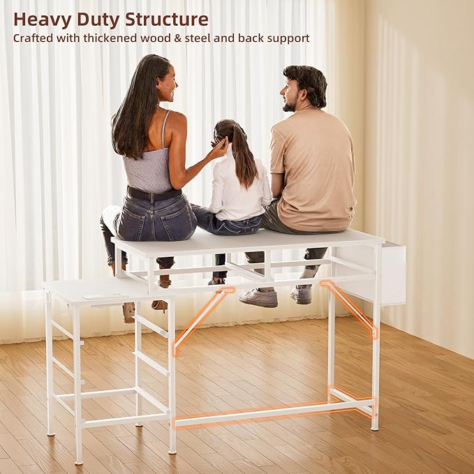 Computer Desk with Charging Station Home Office Desks with Printer Stand PC Table with 5 Fabric Drawers White Desk with Storage Vanity Desk for Small Space White