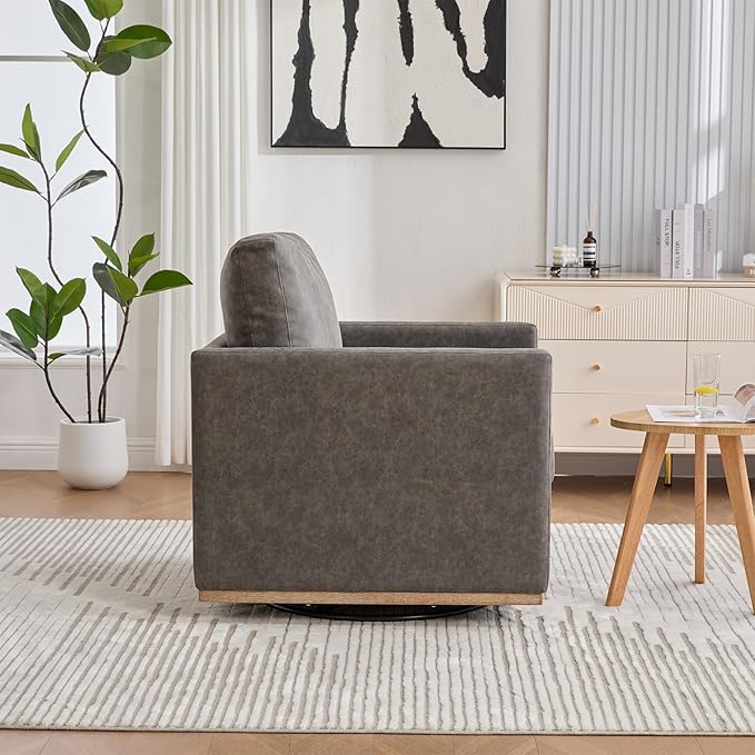 360° Swivel Accent Chair Square Modern Comfy Chair with Metal Base &amp Thicked Cushion Upholstered Lounge Reading Armchair Cozy Cloud Sofa Chairs for Living Room Bedroom Office Club(PU Gray)