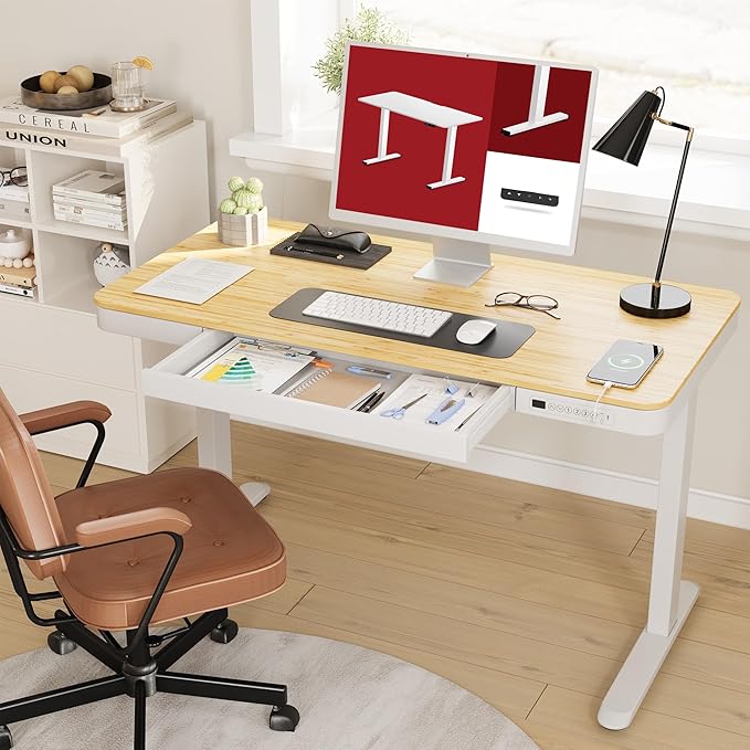 Standing Desk with Drawer Electric Height Adjustable Home Office Desk with Storage &amp USB Ports 48 inch Bamboo Texture Tabletop/White Frame