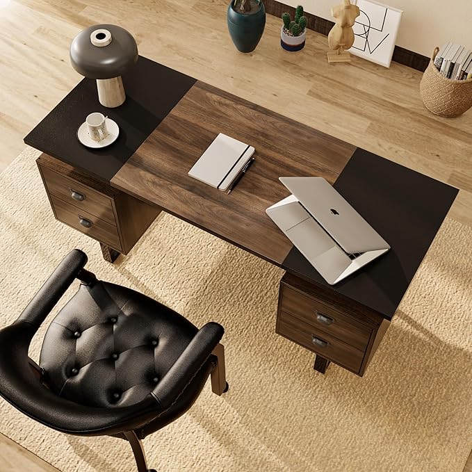 LEEMTORIG Computer Desk with Drawers 59 inch Large PC Gaming Desk Modern Industrial Study Student Writing Table Workstation for Home Office Bedroom Black &amp Walnut Brown CTSZ-20401-WACM
