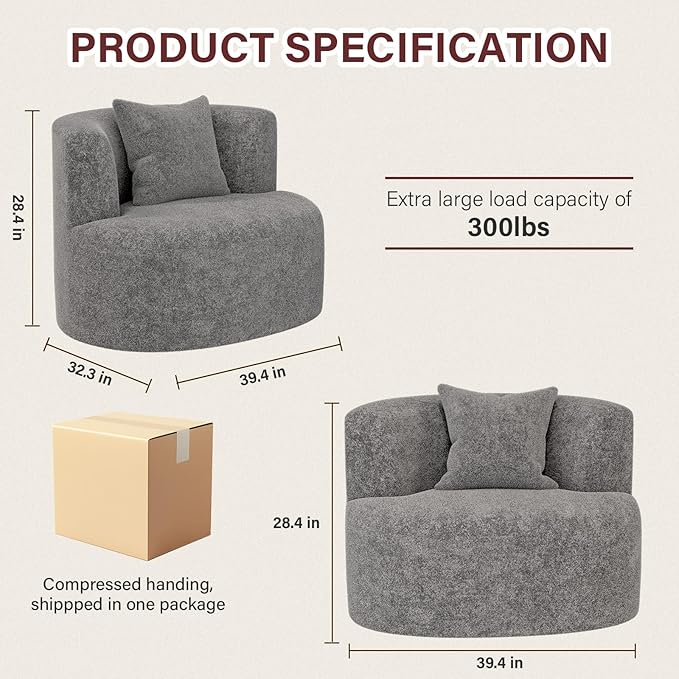 Swivel Accent Chair 360°Soft Accent Chairs Chenille Upholstered Living Room Chairs with Pillow and Curved Backrest No Assembly Arm Chair for Living Room/Bedroom/Office (Light Grey)