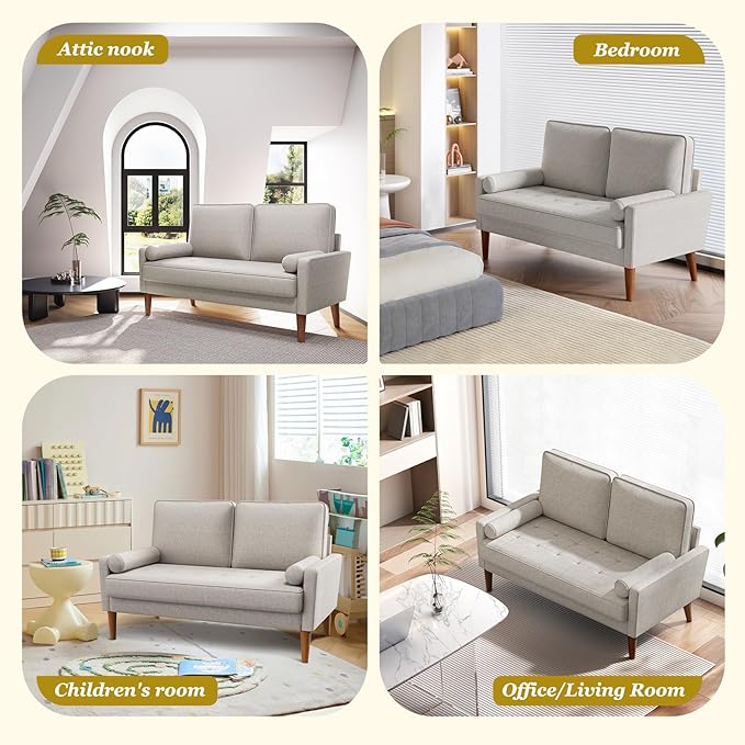 Vesgantti Loveseat Sofa with Solid Wood Legs 48 Small Couches for Small Spaces Love Seat for Living Room Bedroom Easy Assembly Mid Century Modern Couch with Throw Pillow for Apartment Ashbeige