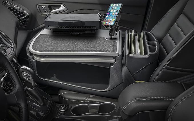 AutoExec AE-GMCD-PM-PS-GT GripMaster Car Desk for Your Vehicle Workstation and Mobile Office Grey with Phone Mount and Printer Stand