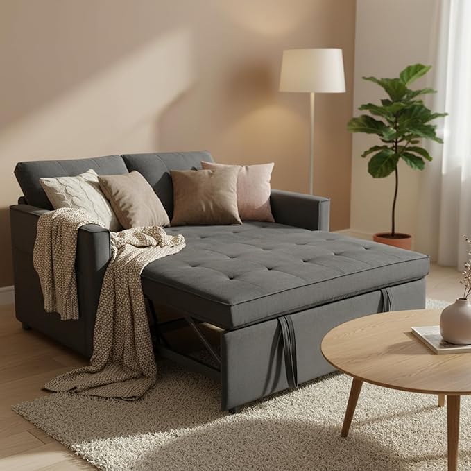 Sofa Bed Pull Out Couch with Side Pockets 3 in 1 Velvet Fabric Loveseat Sleeper Sofa Bed Pull Out Couch with Adjustable Backrest for Living Room Bedroom Apartment Gray 53 Inch