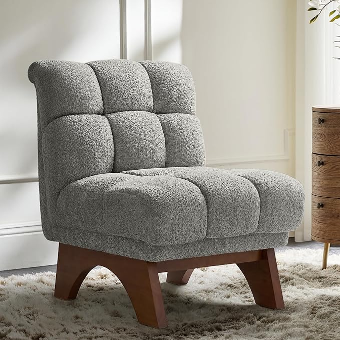 HULALA HOME Modern Chenille Fabric Armchair with Wood Legs Comfy Upholstered Reading Accent Chairs for Living Room(Grey)