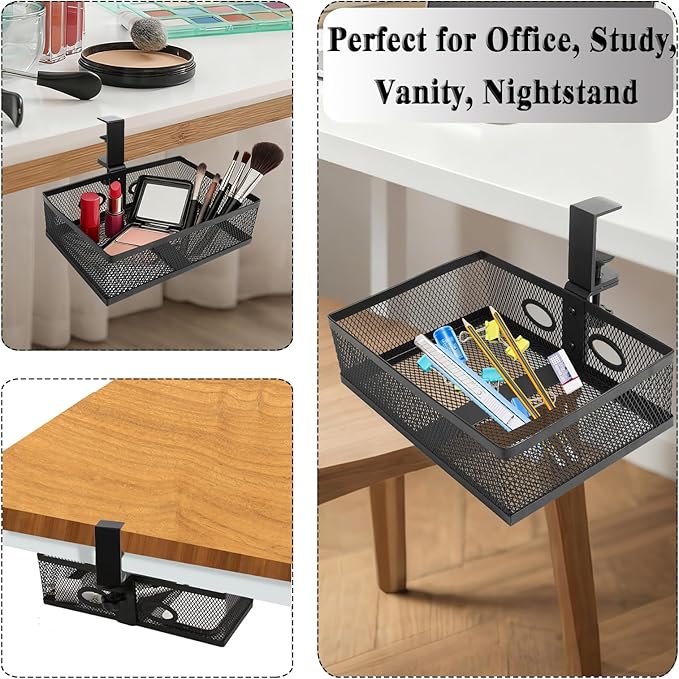 Under Desk Organizer 360° Swivelunder Desk Drawer Clamp-On No Drill InstallationSturdy Mesh Storage Drawer for OfficeDrawing Room and Kitchen RoomArt Supplies and More(Without Cup Holder)