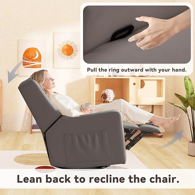 Tbfit 360° Swivel Recliner ChairNursery Rocking Chair with Lumbar Support for Bedroom Comfy Upholstered Armchair with Pillows &amp Footrest for Living Room (Hidden Ring Handle Brown)