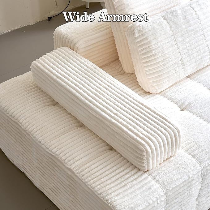 Modular Sectional Sofa with Movable Handrails Straight-Row Boneless Sofa Sectional Couch for Living Room Deep Seat Memory Foam Faux Rabbit Fur Fabric Sofa No Assembly Required (White)