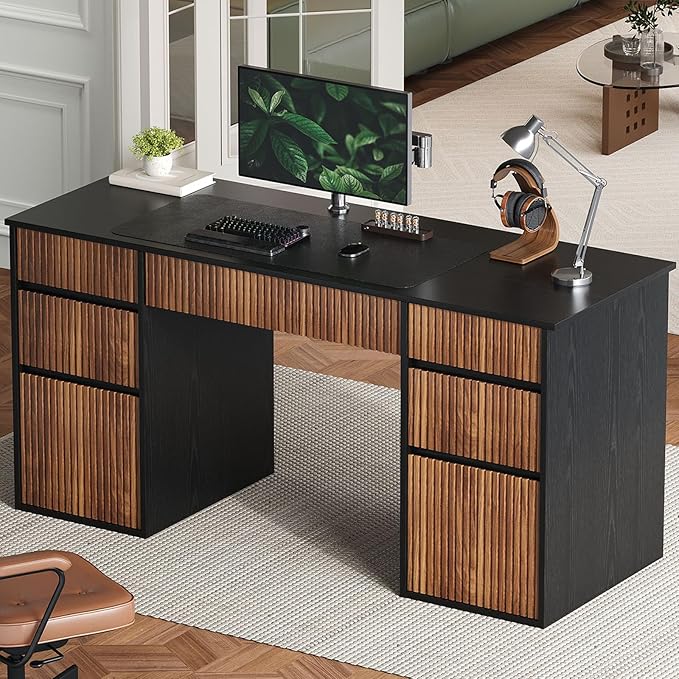 4 EVER WINNER Computer Desk with 7 Drawers 58 Executive Desk with Handleless Design for Home Office Modern Black Desk with File Cabinets Large Desktop for Study Living Room Bedroom Black