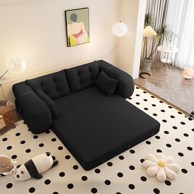 Convertible Sofa Bed with Folding Mattress Oversized Human Dog Bed 3-in-1 Sleeper Couch with Pillows and Thick Armrests 78.7 King Size Floor Sofa for Living Room Bedroom Guest Room Black Teddy