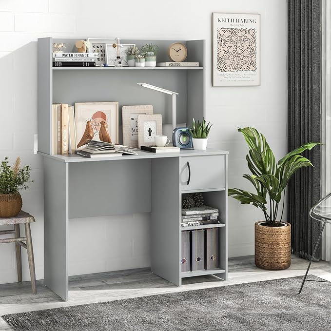 GOFLAME Computer Desk with Hutch Home Office Desk with Storage Cabinet &amp Adjustable Shelf Computer Workstation with 2 Cable Holes for Working Writing Studying Gray