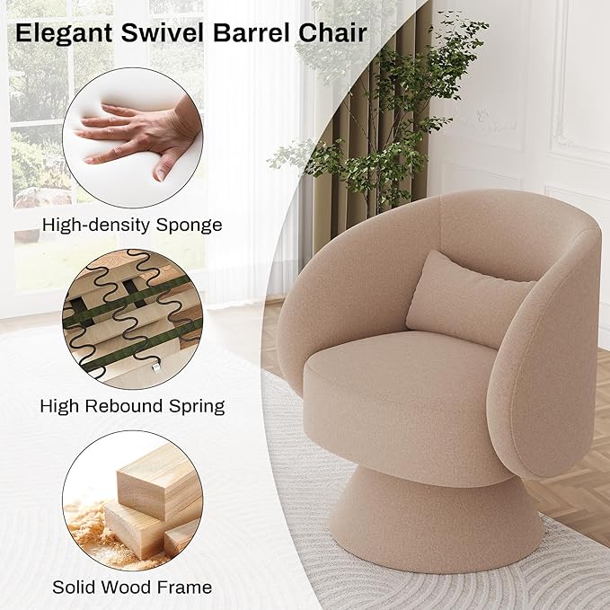 Swivel Barrel Chair Set of 2 Upholstered Swivel Cuddle Accent Chairs for Living Room Comfy 360 Degree Modern Small Round Armchair for Bedroom Office (Brown Chenille)