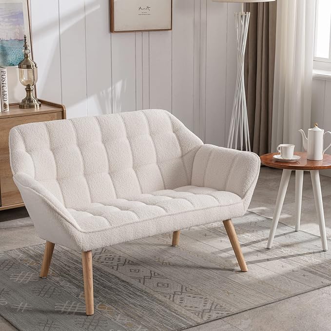 48 Small Loveseat for Small Spaces Upholstered Fluffy White Loveseat Sofa Mid Century Modern 2-Seater Couch with Armrest and Wood Legs for Bedroom Living Room Apartment White