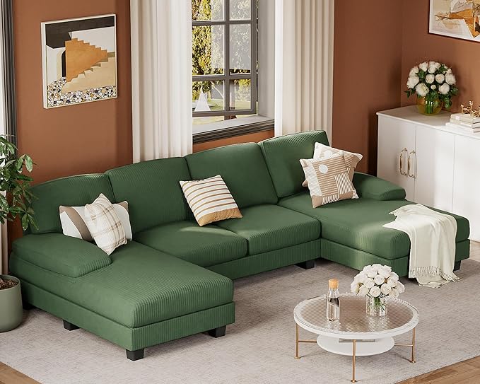 JUMMICO Sectional Couches for Living Room U Shaped Couch with Chenille Fabric 4 Seat Modern Sofa with Removable Pillows for Apartment and Small Space (Corduroy Light Green)