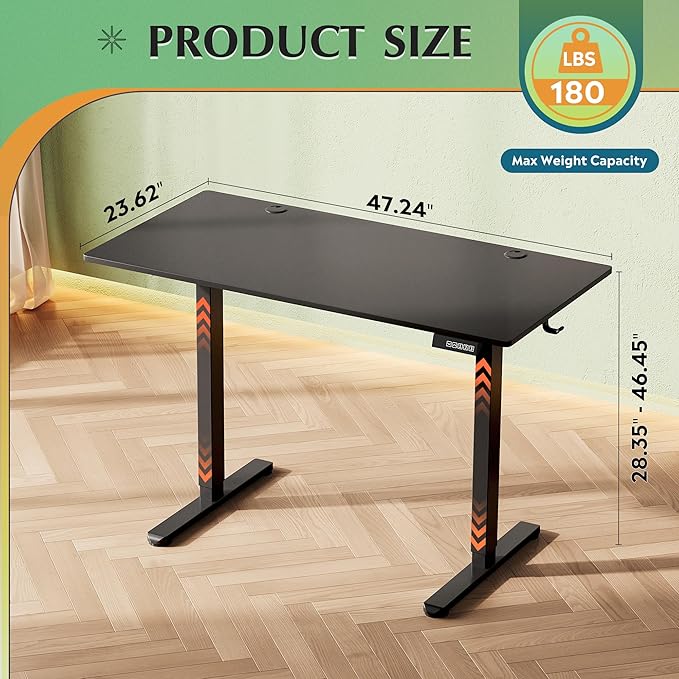 DEVAISE 48 x 24 Inches Electric Standing Desk Whole-Piece Desktop Standing Desk with Adjustable HeightCable Holes 3-Preset Memory Sit Stand up Desk One-Piece Computer Desk for Home Office (Black)