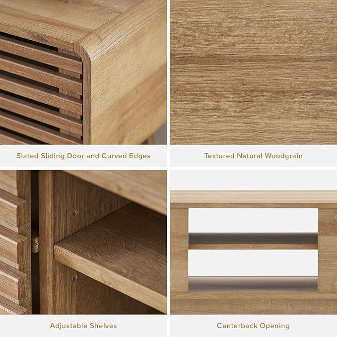mopio Ensley 59 TV Stand with Slatted Door Mid Century Modern Entertainment Center for 55/60/65 inch TV Farmhouse Media Console with Storage Adjustable Shelves Round Edges Living Room (Oak)