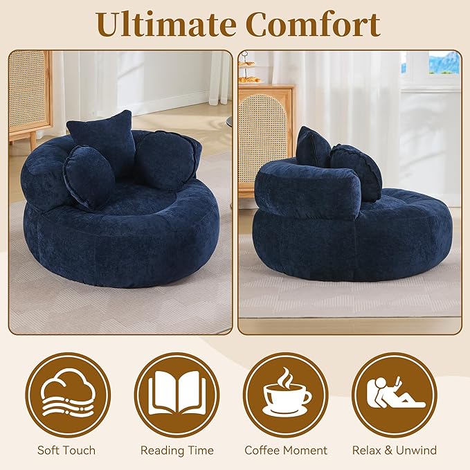 Round Oversized Chair Floor Sofa Chair Chenille Compressed Circle Chaise Lounge No Assembly Boneless Barrel Chair Lazy Bean Bag Couch Accent Chair for Living Room Bedroom DormNavy