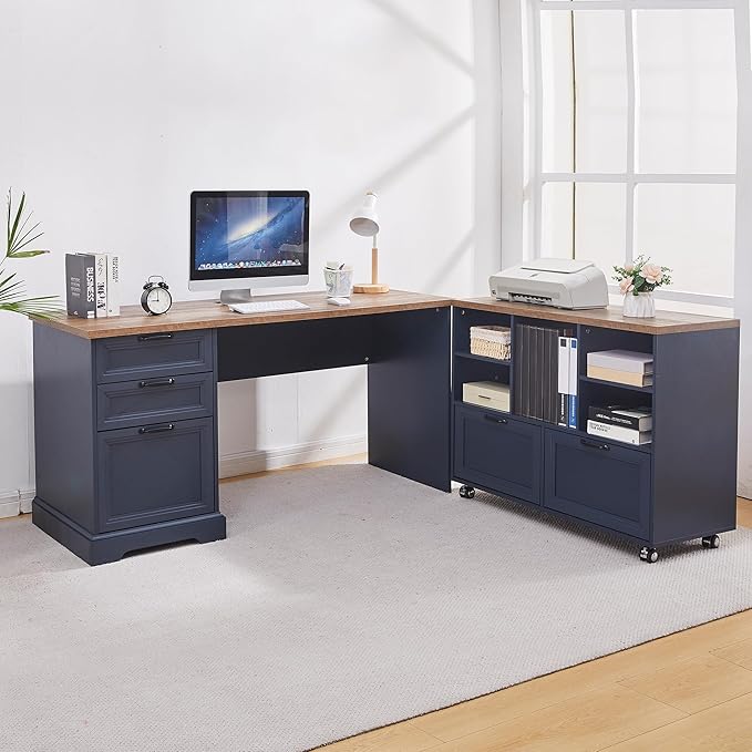 60L-Shaped Executive Desk with 40Adjustable File CabinetFarmhouse Home Office Desk with Charging StationOffice Desk with Storage DrawersWood Computer Desk Set for Office WorkHome Study (Blue)