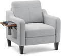Accent Chair for Living Room Modern Linen Upholstered Armchair Side Wooden Fabric Sofa Chair with Foldable Table 2 Side Pockets Comfy Reading Chair for Bedroom