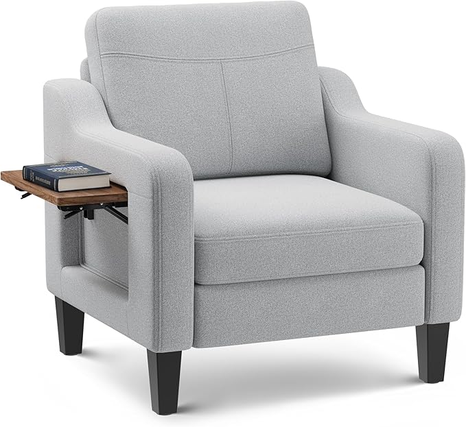 Accent Chair for Living Room Modern Linen Upholstered Armchair Side Wooden Fabric Sofa Chair with Foldable Table 2 Side Pockets Comfy Reading Chair for Bedroom
