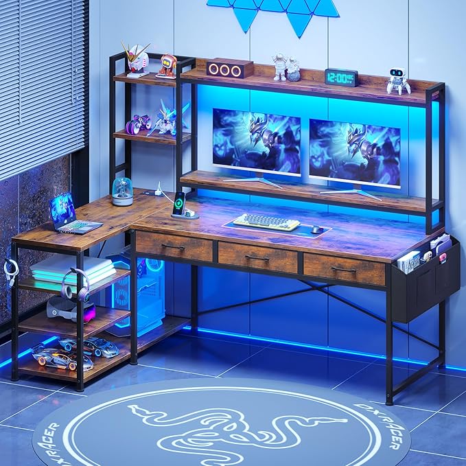 SEDETA 55 L Shaped Desk with Hutch Corner Computer Desk with Drawers &amp Shelves Reversible L Shaped Gaming Desk with Power Strip &amp LED Lights Monitor Stand Headphone Hook Rustic Brown