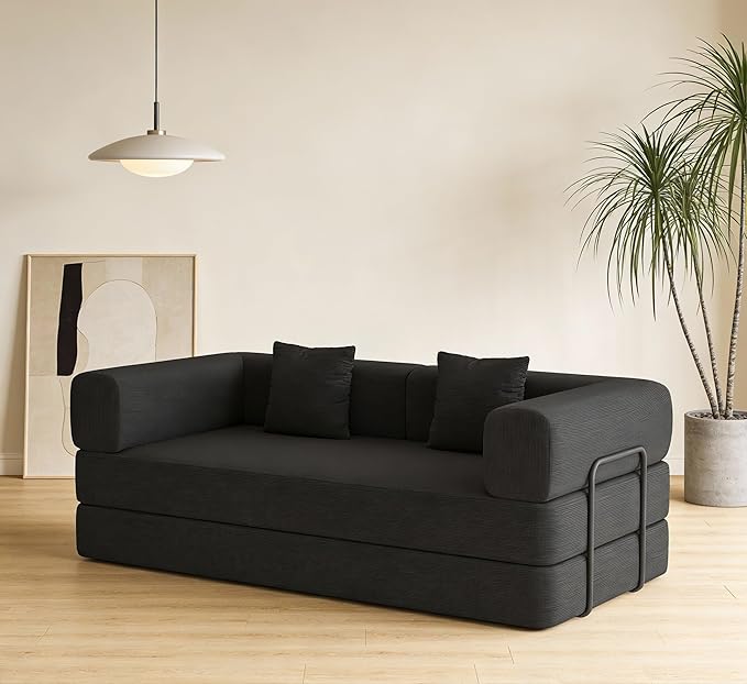 KEIKI Convertible Corduroy Sleeper Sofa Bed with Cylindrical Pillow Folding Floor Mattress Couch with Fixed Shape Frame for Living Room Studio Lounge