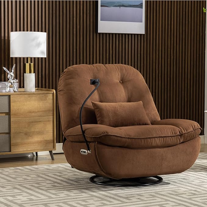 Oversized Electric Recliner Chair 360 Swivel Rocking Glider Rocker for Adults Modern Ergonomic Lounge for Living Room Phone Stand&amp Smart Voice Control Theater Seating (Brown Fabric)