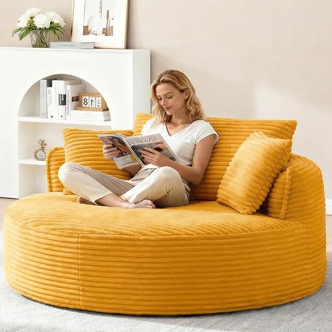 Oversized Round Chair Lounge Chaise Indoor 53.5 Corduroy Boneless Round Chair Fluffy Single Deep Seat Cloud Sofa Chairs Modern Circle Chaise Lounge for Bedroom Living Room Yellow
