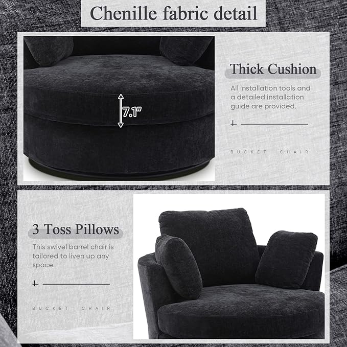 SLEERWAY Oversized Swivel Chairs Set of 2 Big Comfy Round Accent Barrel Chair and A Half Bucket Loveseat Bedroom Club Reading Lounge Living Room Furniture Set (Black)