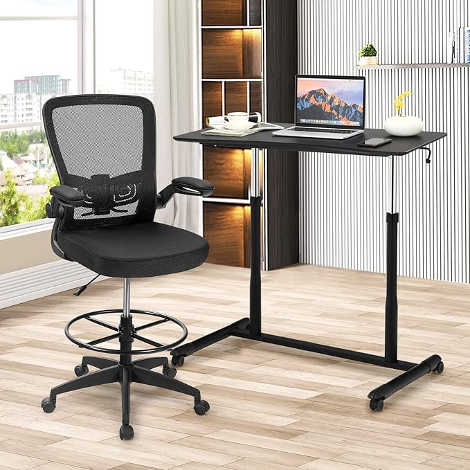Tangkula Mobile Standing Desk Computer Desk Height Adjustable Stand Up Table with 4 Wheels Rolling Compact Standing Desk with Steel Frame MDF PVC Tabletop Ideal for Home Office (Black)