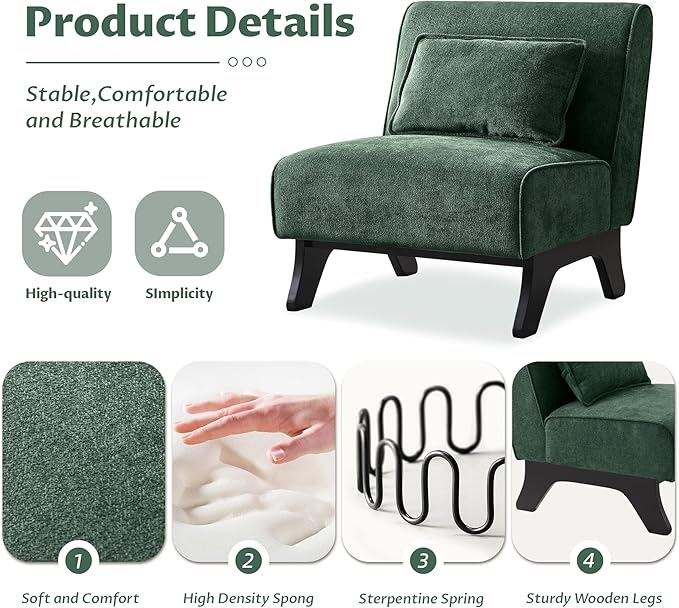 Upholstered Armless Accent ChairModern Comfy Living Room Chairs with Wooden Legs&amp PillowsLounge Sofa Side Chair for Bedroom Farmhouse Reading (Green 1 PC)