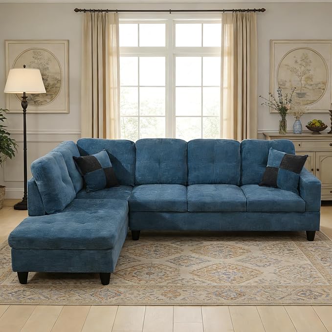 103.5 Inch Modern L-Shaped Couch Flannel Sectional Sofa with Chaise Lounge 4-Seater Couch with Accent Pillows for Living Room Apartment Dark Blue