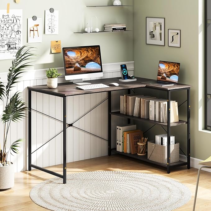 Giantex L Shaped Desk with Charging Station 47 Inch Reversible Computer Desk with Adjustable Storage Shelves &amp Metal Frame Modern Corner Desk for Home Office Studying Writing Gaming (Grey Oak)