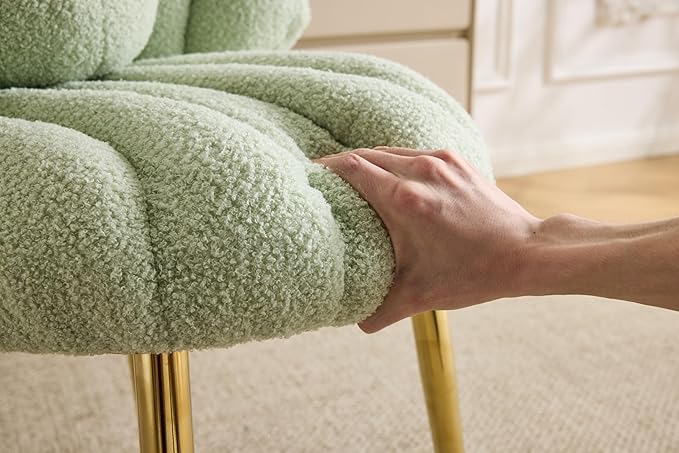 VINGLI Shell-Shaped Teddy Fleece Accent Vanity Chair with BackComfy Green and Gold Desk Chair No WheelsCute Small Pearl Deco PillowGift for Girls/Womenfor MakeupOfficeDiningNailSewingBedroom