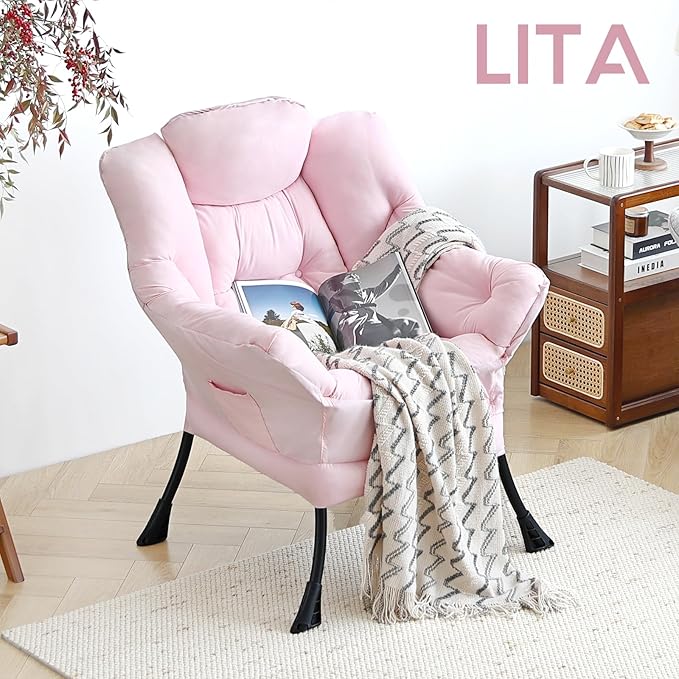 LITA Lazy Chair with Armrests and Side Pocket Modern Upholstered Accent Reading Chair for Living Room Bedroom Dorm Small Spaces Single Pink