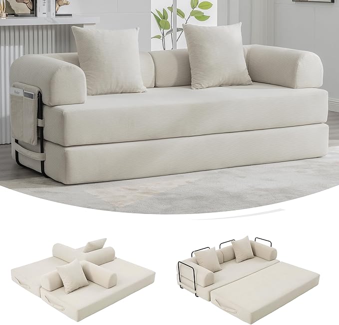 4‑in‑1 Convertible Sleeper Sofa Bed DIY Combination Floor Sofa Lounge Couch with Cylindrical Pillow Corduroy Futon Folding Mattress Couch for Apartment Bedroom Playroom Beige