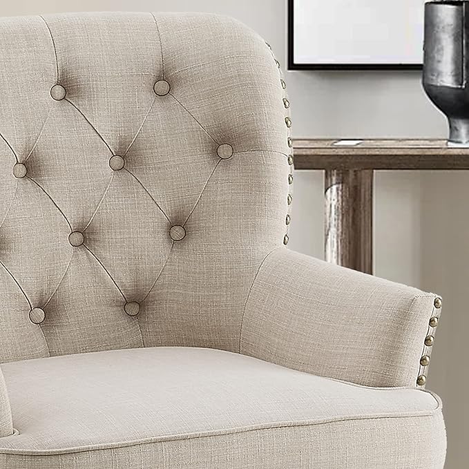 Rosevera Accent Chair and Ottoman Set - Button Tufted Armchair for Living Room Bedroom Reading - Mid-Century Modern Lounge Chair Set - Beige