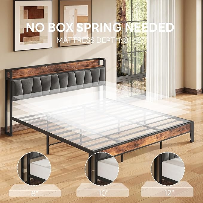 LIKIMIO King Size Bed Frame Storage Headboard with Charging Station Solid and Stable Noise Free No Box Spring Needed Easy Assembly