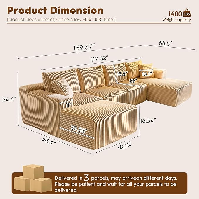 WorthFurni Cloud Modular Sofa Couch with U-Shape Chaise and Big Ottoman Modern Sectional with Deep Seat Upholstered Couches for Living RoomNo Assembly Required Plush Corduroy Fabric 139.37(Beige)