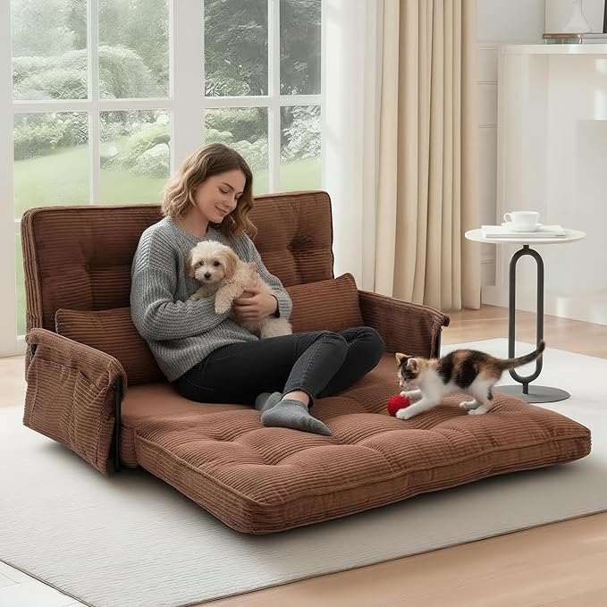5-Position Adjustable Floor Sofa CouchMulti-Functional Bean Bag BedFoldable Lazy Sofa Sleeper Bed with ArmrestIdeal for Reading and Playing (Brown)