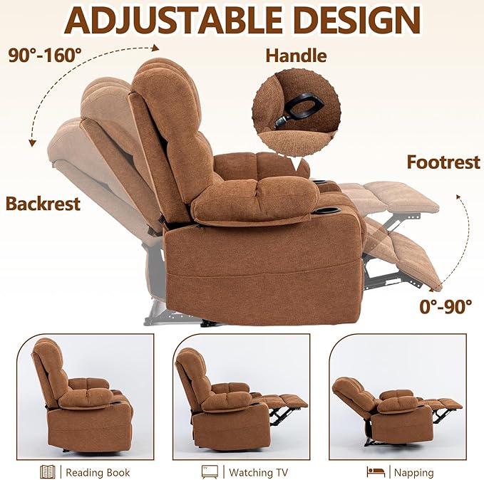 Massage Recliner Chair with Heat Brown Recliner Chair with Cup Holder for Adults Manual Reclining Chairs Large &amp Oversized Recliners for Living Room Fabric Heavy Duty (Brown)